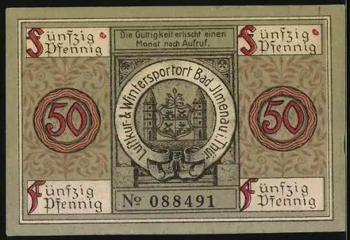 Notgeld Ilmenau 1921, 50 Pfennig, Turm auf dem Kickelhahn, Wappen