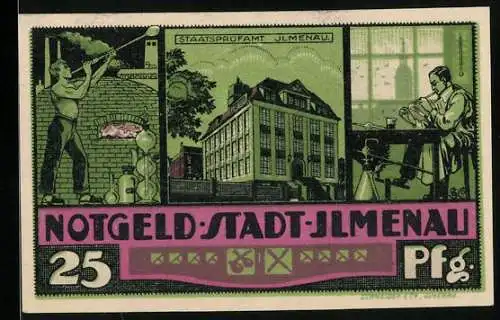 Notgeld Ilmenau 1921, 25 Pfennig, Staatsprüfamt und Glasbläser, Wappen