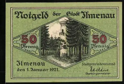 Notgeld Ilmenau 1921, 50 Pfennig, Kickelhahn im Wald