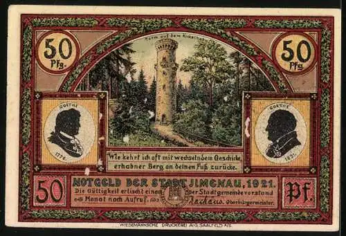 Notgeld Ilmenau 1921, 50 Pfennig, Marktplatz und Turm auf dem Kickelhahn