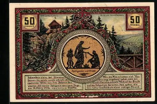 Notgeld Ilmenau 1921, 50 Pfennig, Schwalbenstein und Turm auf dem Kickelhahn