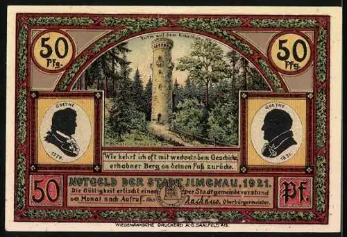Notgeld Ilmenau 1921, 50 Pfennig, Schwalbenstein und Turm auf dem Kickelhahn