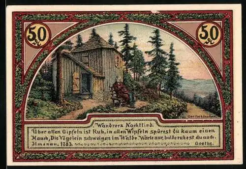 Notgeld Ilmenau 1921, 50 Pfennig, Goethehäuschen und Turm auf dem Kickelhahn