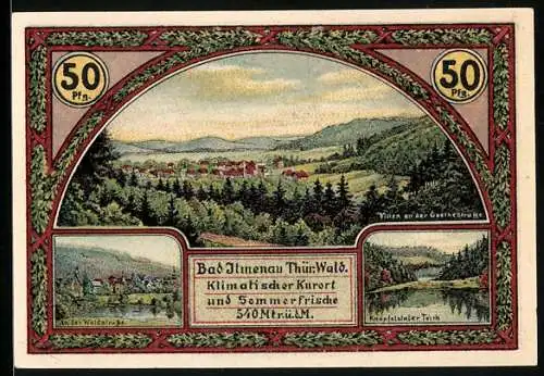 Notgeld Ilmenau /Thür. 1921, 50 Pfennig, Waldstrasse, Villen an der Goethestrasse und Kurhaus Gabelbach