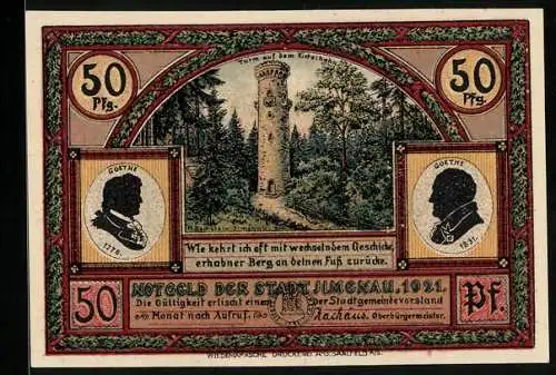 Notgeld Ilmenau 1921, 50 Pfennig, Goethe, Kickelhahn und Gr. Hermannstein