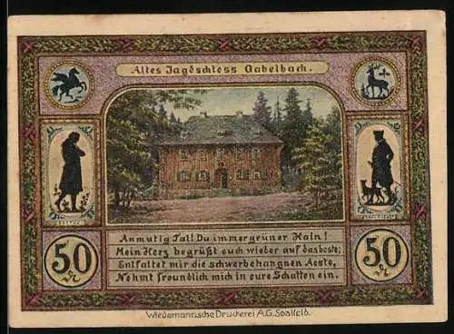 Notgeld Ilmenau 1921, 50 Pfennig, Altes Jagdschloss Gabelbach und Turm auf dem Kickelhahn