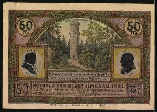 Notgeld Ilmenau 1921, 50 Pfennig, Altes Jagdschloss Gabelbach und Turm auf dem Kickelhahn
