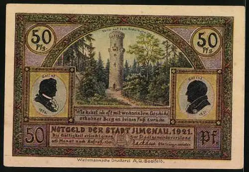 Notgeld Ilmenau 1921, 50 Pfennig, Goethe, Gr. Hermannstein, Kickelhahn