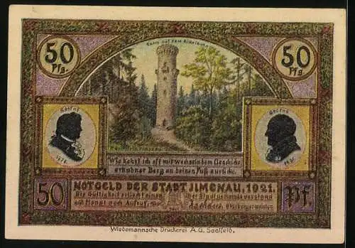 Notgeld Ilmenau 1921, 50 Pfennig, Marktplatz und Turm auf dem Kickelhahn