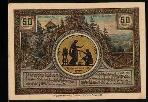 Notgeld Ilmenau 1921, 50 Pfennig, Goethe, Schwalbenstein und Kickelhahn