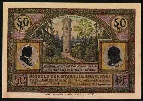 Notgeld Ilmenau 1921, 50 Pfennig, Goethe, Schwalbenstein und Kickelhahn