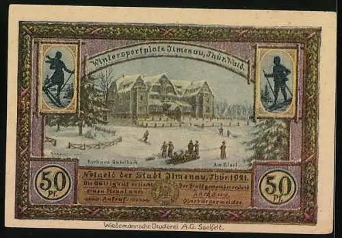 Notgeld Ilmenau 1921, 50 Pfennig, Villen an der Goethestrasse, Wintersportplatz