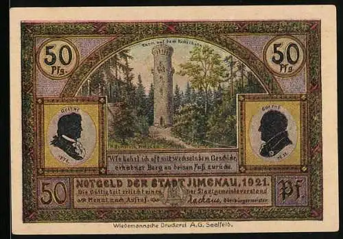 Notgeld Ilmenau 1921, 50 Pfennig, Goethehäuschen und Turm auf dem Kickelhahn