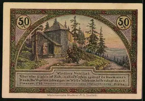 Notgeld Ilmenau 1921, 50 Pfennig, Goethehäuschen und Turm auf dem Kickelhahn