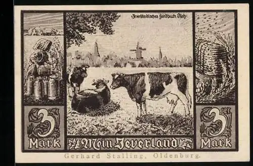 Notgeld Jever i. Old., 3 Mark, Bäuerin füllt Milchkübel, ein Bienenstock, Jeverländisches Herdbuch Vieh