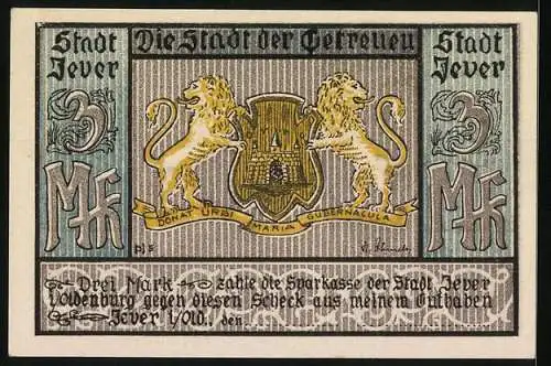 Notgeld Jever i. Old., 3 Mark, Bäuerin füllt Milchkübel, ein Bienenstock, Jeverländisches Herdbuch Vieh