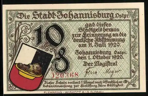 Notgeld Johannisburg /Ostpr. 1920, 10 Pfennig, Das Rathaus