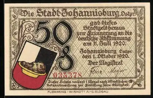 Notgeld Johannisburg /Ostpr. 1920, 50 Pfennig, Das Rathaus