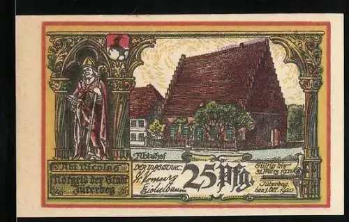 Notgeld Jüterbog 1920, 25 Pfennig, Abt Nicolas, Abteihof, ehemalige Heilige-Geist-Kapelle