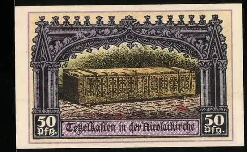 Notgeld Jüterbog 1920, 50 Pfennig, Die Kirche, St. Nicolaus, Madonna, Tekelkasten