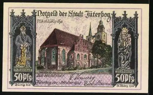 Notgeld Jüterbog 1920, 50 Pfennig, Die Kirche, St. Nicolaus, Madonna, Tekelkasten