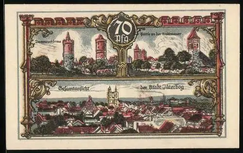 Notgeld Jüterbog 1920, 70 Pfennig, Dammtortürme, Stadtmauer, Gesamtansicht