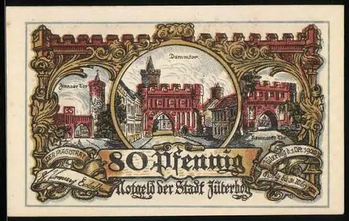 Notgeld Jüterbog 1920, 50 Pfennig, Zinnaer Tor, Dammtor, Neumarkt Tor