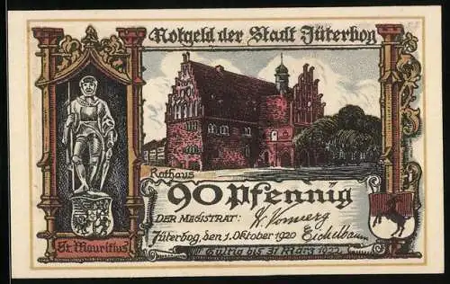 Notgeld Jüterbog 1920, 90 Pfennig, St. Mauritius, Rathaus, Bürgermeisterzimmer