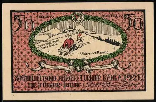 Notgeld Kahla 1921, 50 Pfennig, 3. Mitteldeutsches Sechser-Turnier, Schlittenfahrer und die Leuchtenburg