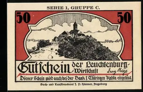 Notgeld Kahla /Thüringen, 50 Pfennig, Leuchtenburg und Hexe auf dem Hexenbesen, Walpurgisnacht