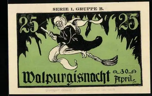 Notgeld Kahla /Thüringen, 25 Pfennig, Hexe und die Leuchtenburg, Walpurgisnacht