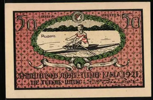 Notgeld Kahla 1921, 50 Pfennig, 3. Mitteldeutsches Sechser-Turnier, Einzel-Ruderer auf dem Wasser
