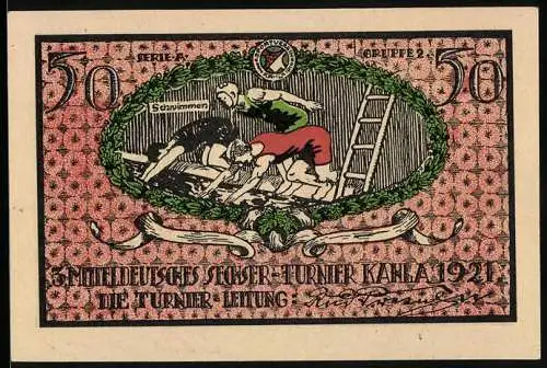 Notgeld Kahla 1921, 50 Pfennig, 3. Mitteldeutsches Sechser-Turnier, Schwimmer springen ins Wasser