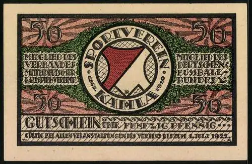 Notgeld Kahla 1921, 50 Pfennig, 3. Mitteldeutsches Sechser-Turnier, Kugelstosser auf der Wiese