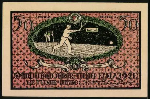 Notgeld Kahla 1921, 50 Pfennig, 3. Mitteldeutsches Sechser-Turnier, Tennisspieler auf dem Court