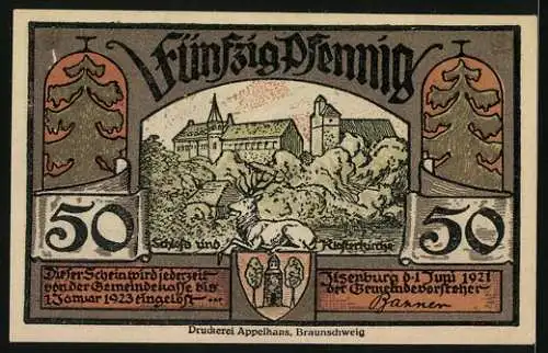 Notgeld Ilsenburg 1921, 50 Pfennig, Schloss und Klosterkirche, Hirsch