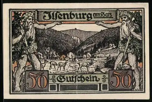 Notgeld Ilsenburg 1921, 50 Pfennig, Rehe und Hirsch auf der Weide