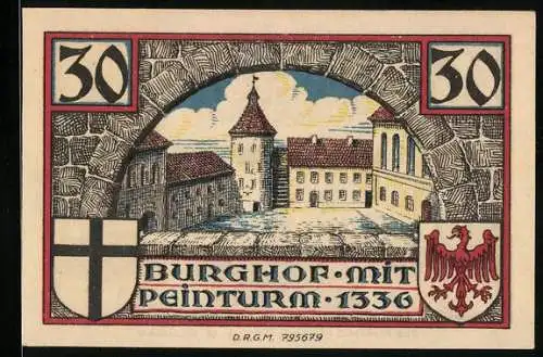 Notgeld Insterburg, 30 Pfennig, Der Burghof mit Peinturm 1336