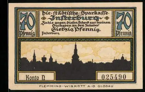 Notgeld Insterburg, 70 Pfennig, Jäger mit Jagdhorn und Wappen