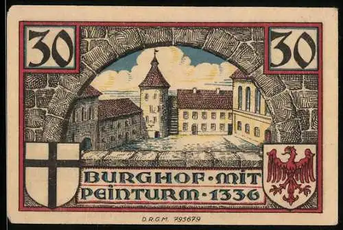 Notgeld Insterburg, 50 Pfennig, Burghof mit Peinturm 1336