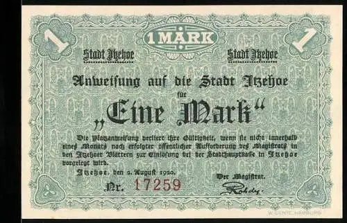 Notgeld Itzehoe 1920, 1 Mark, Soldaten im Camp