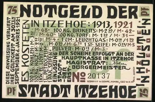 Notgeld Itzehoe 1921, 75 Pfennig, Ein Hahn legt ein Ei