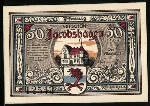 Notgeld Jacobshagen 1920, 50 Pfennig, Engel bei der Aussaat, Villa