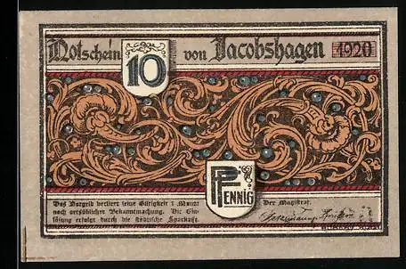 Notgeld Jacobshagen 1920, 10 Pfennig, Florales Ornament