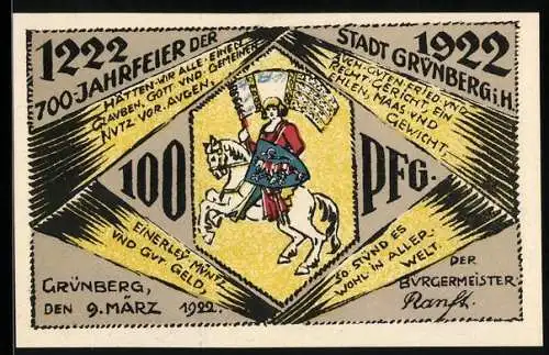 Notgeld Grünberg 1922, 100 Pfennig, Ortsansicht um 1600