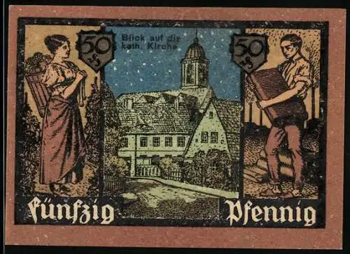 Notgeld Grünberg /Schl., 50 Pfennig, Blick auf die kath. Kirche