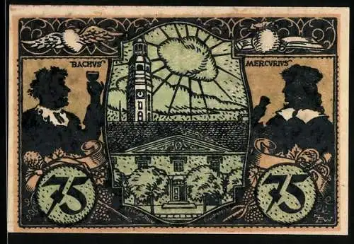 Notgeld Grünberg /Schl., 75 Pfennig, Rathaus und Kirchturm, Bachus, Mercurius