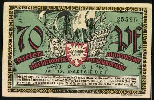 Notgeld Kiel 1921, 70 Pfennig, Herbstwoche für Kunst und Wissenschaft, Rathaus und Kirche