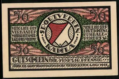 Notgeld Kahla 1921, 50 Pfennig, 3. Mitteldeutsches Sechser-Turnier, Hockeyspiel