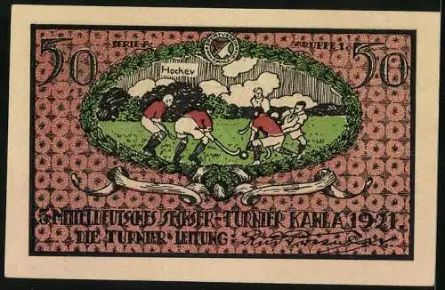 Notgeld Kahla 1921, 50 Pfennig, 3. Mitteldeutsches Sechser-Turnier, Hockeyspiel